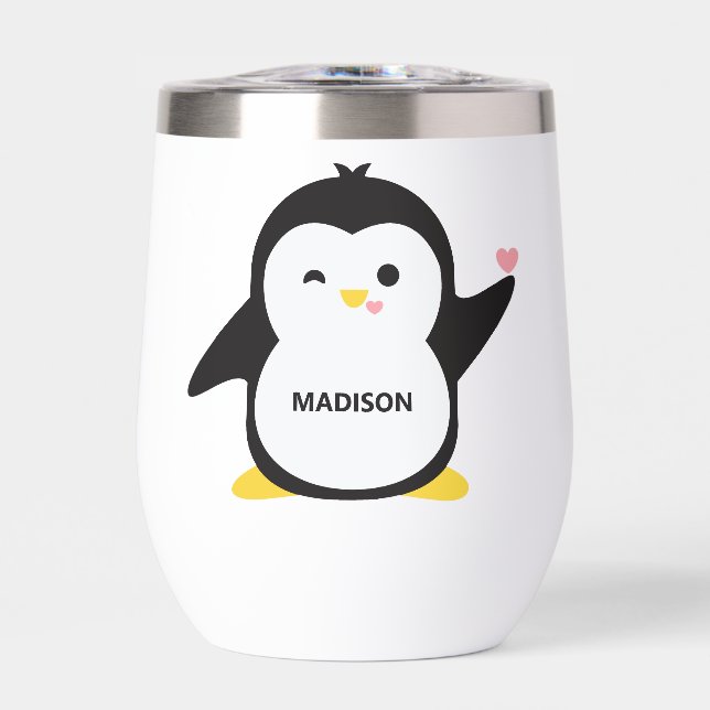 Custom name cute penguin thermal wine tumbler (Front)