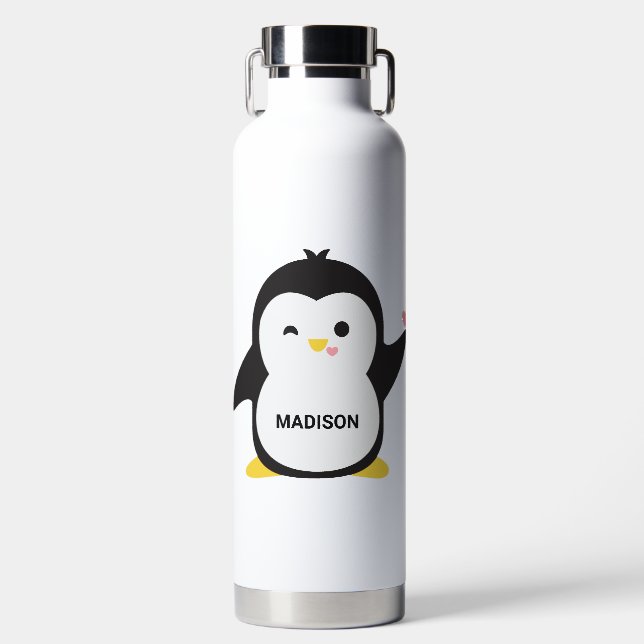 Custom Name Cute Penguin Water Bottle (Front)