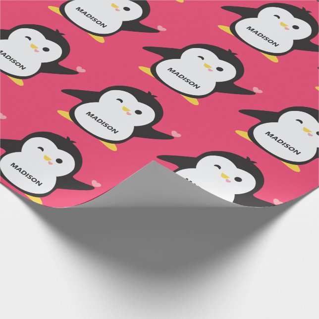 Custom name cute penguin wrapping paper (Corner)