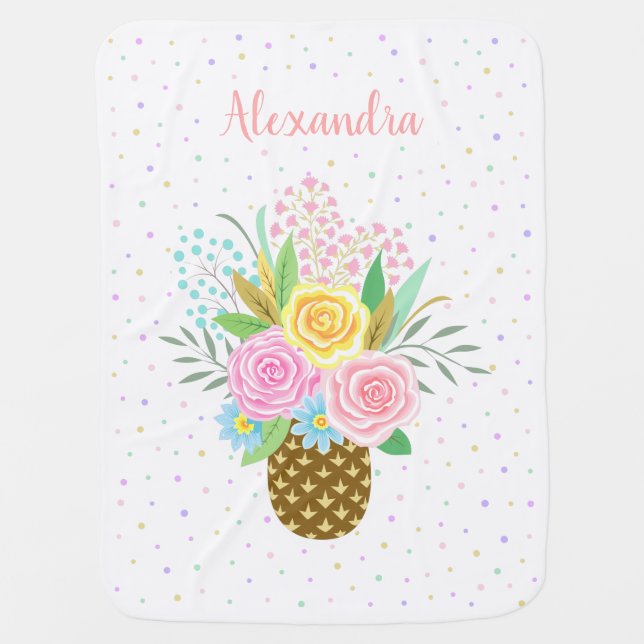 Custom Name Cute Pineapple Roses Bouquet Pink Baby Blanket (Front)