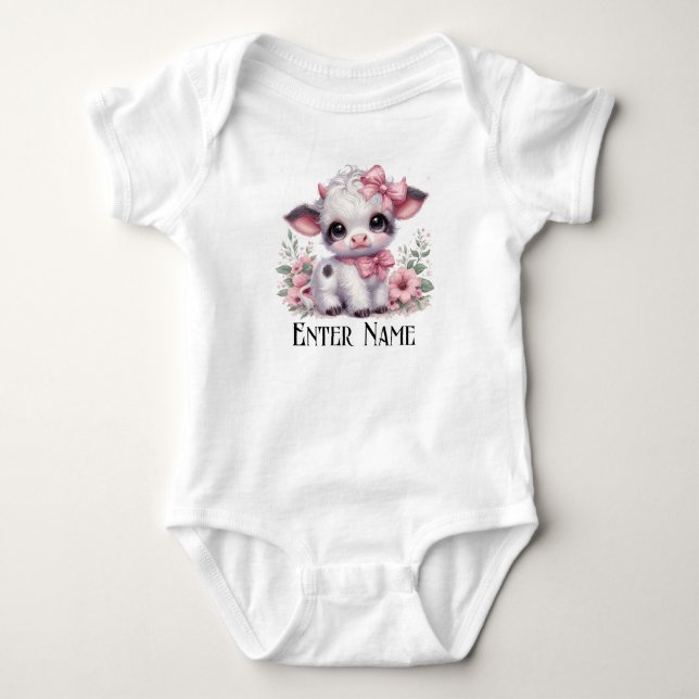 Custom Name Cute Pink Baby Girl Highland Cow Bodysuit (Front)