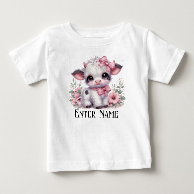 Custom Name Cute Pink Baby Girl Highland Cow T-Shirt (Front)
