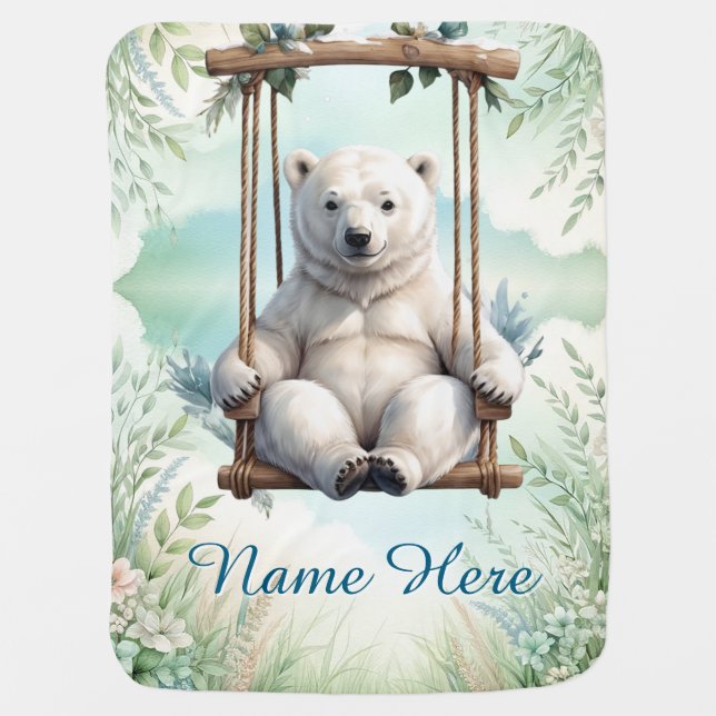 Custom Name Cute Polar Bear Swing Personalized Baby Blanket (Front)