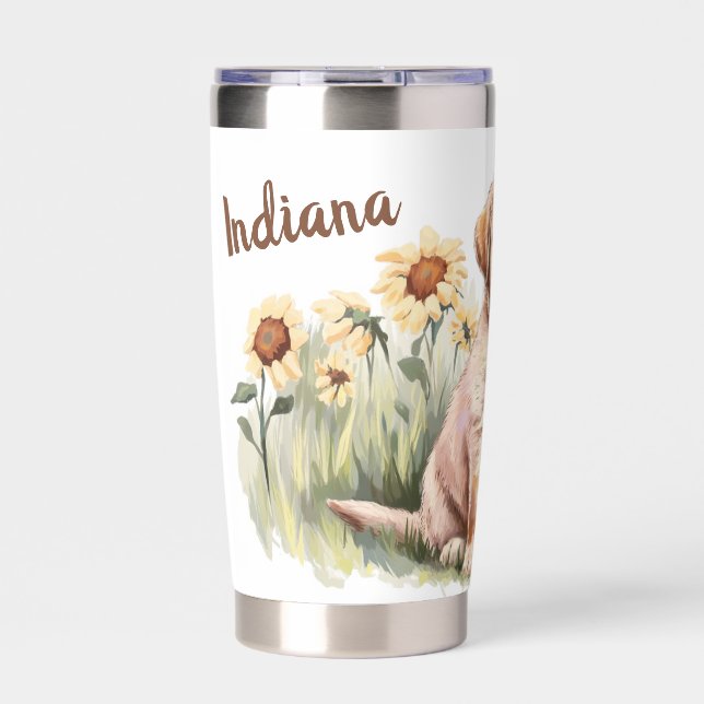 Custom Name Cute Puppy Sunflowers Insulated Tumbler (Front)