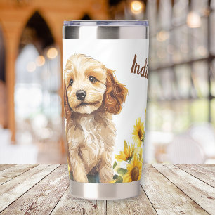 Custom Name Cute Puppy Sunflowers Insulated Tumbler