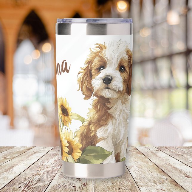 Custom Name Cute Puppy Sunflowers Insulated Tumbler (Creator Uploaded)