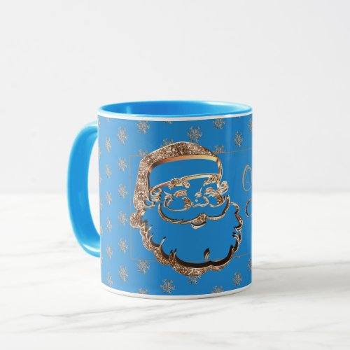 Custom Name Cute Santa Light Blue Gold Christmas Mug