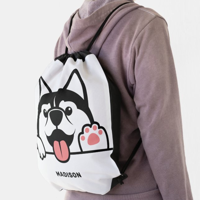 Custom Name Cute Siberian Husky Drawstring Bag (Insitu)