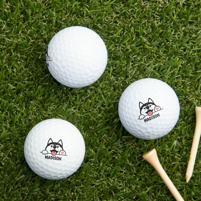 Custom Name Cute Siberian Husky Golf Balls (Insitu Grass)