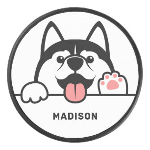 Custom Name Cute Siberian Husky Hockey Puck