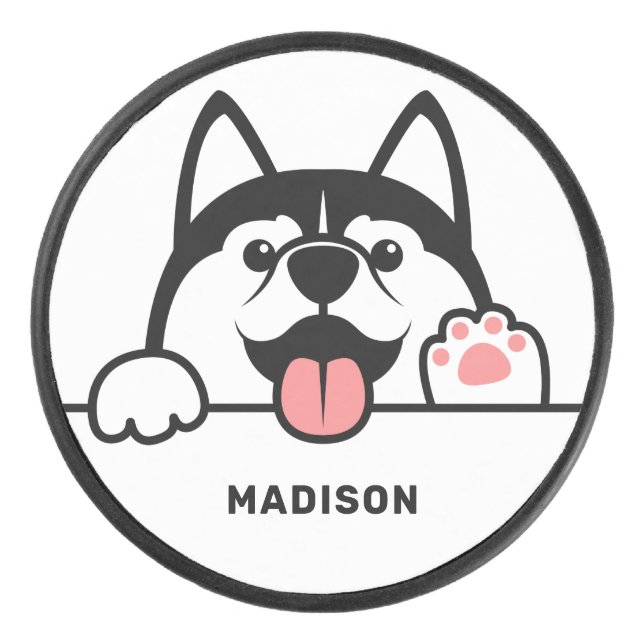 Custom Name Cute Siberian Husky Hockey Puck (Front)