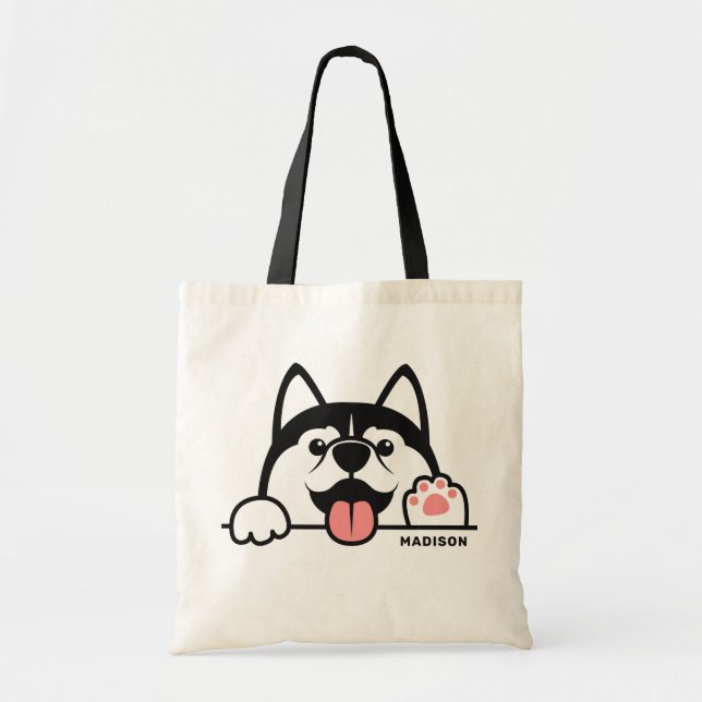 Custom Name Cute Siberian Husky Tote Bag (Front)