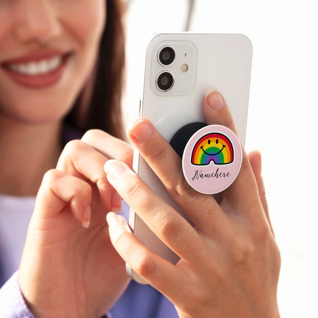 Custom Name cute smiling rainbow on pink PopSocket (Creator Uploaded)