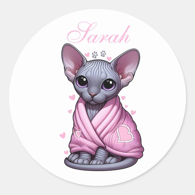 Custom Name Cute Sphynx Kitten Pink  Classic Round Sticker (Front)