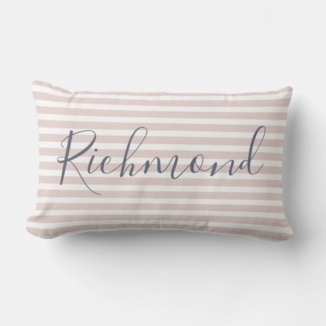Custom Name Cute Stylish Pink & White Chic Stripes Lumbar Pillow (Front)