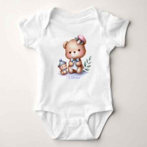 Custom Name Cute Teddy Bear Animal Art Baby Bodysuit