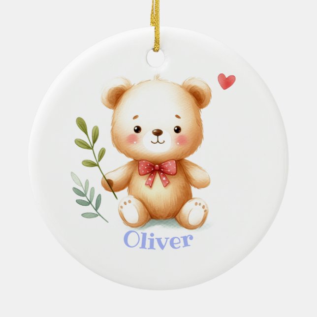 Custom Name Cute Teddy Bear Animal Art Ceramic Ornament (Back)