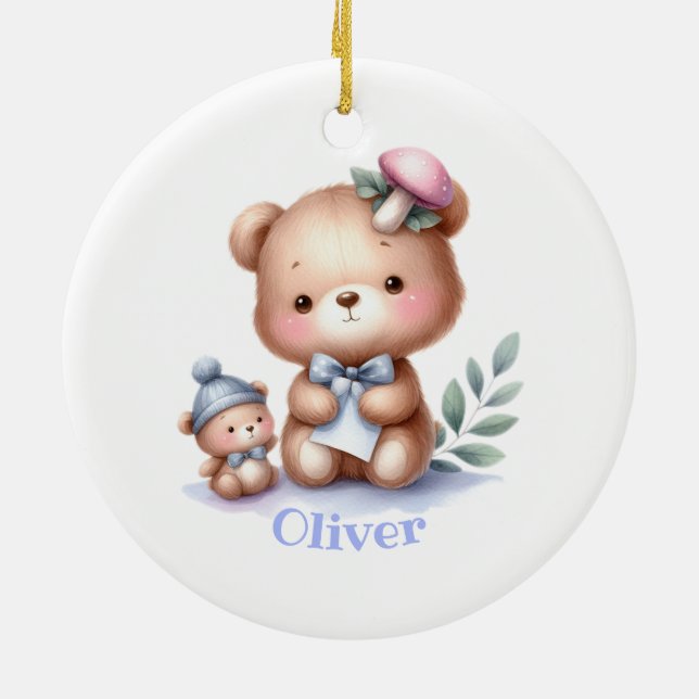 Custom Name Cute Teddy Bear Animal Art Ceramic Ornament (Back)