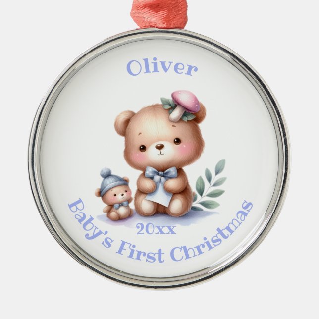 Custom Name Cute Teddy Bear Animal Art Metal Ornament (Front)