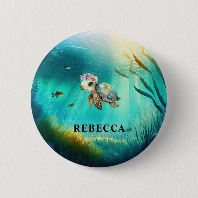 Custom Name Cute Turtle Ocean Background Kids  Button (Front)