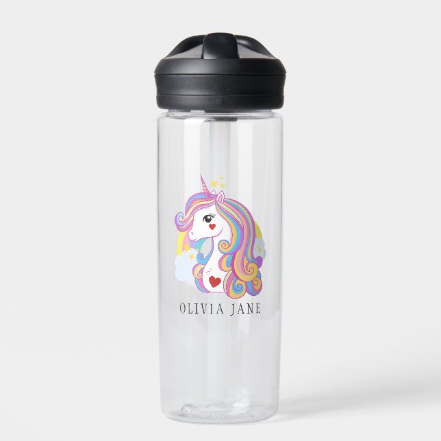 Custom Name Cute Unicorn Rainbow Water Bottle (Front)