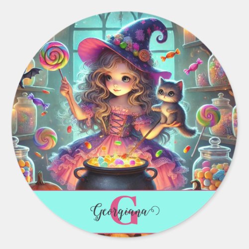 Custom Name Cute Whimsical Witch Halloween Treats Classic Round Sticker