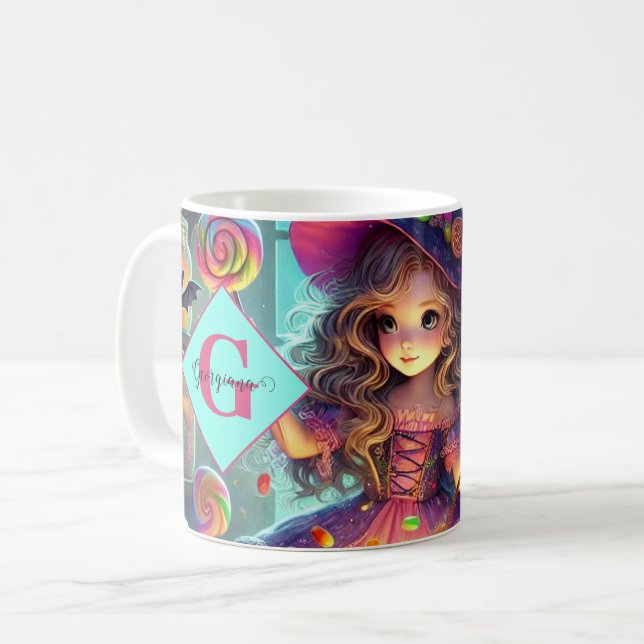 Custom Name Cute Whimsical Witch Halloween Treats Coffee Mug (Front Left)