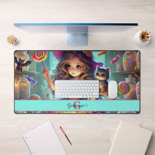 Custom Name Cute Whimsical Witch Halloween Treats Desk Mat