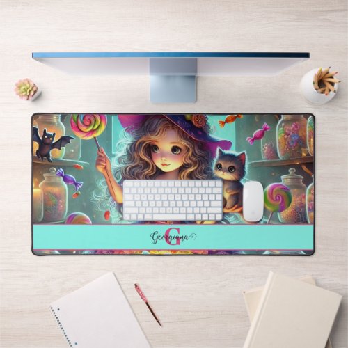 Custom Name Cute Whimsical Witch Halloween Treats Desk Mat