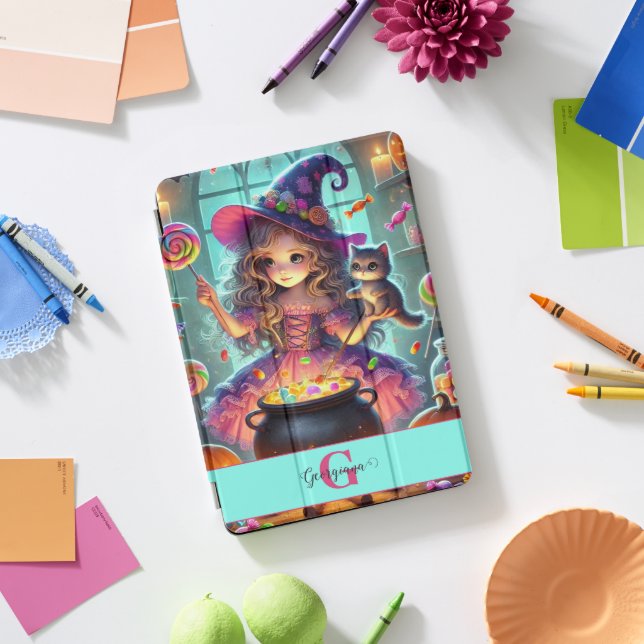 Custom Name Cute Whimsical Witch Halloween Treats iPad Pro Cover (Desk)