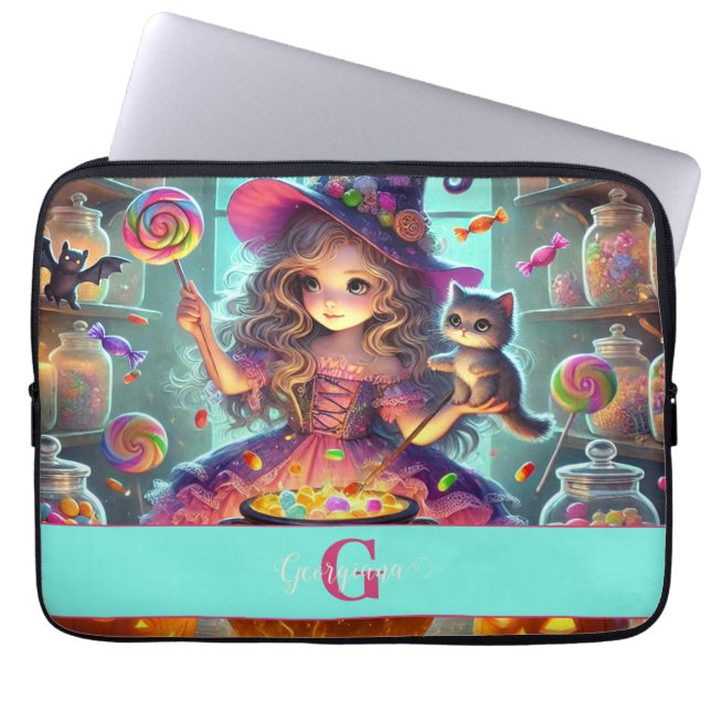 Custom Name Cute Whimsical Witch Halloween Treats Laptop Sleeve (Front)