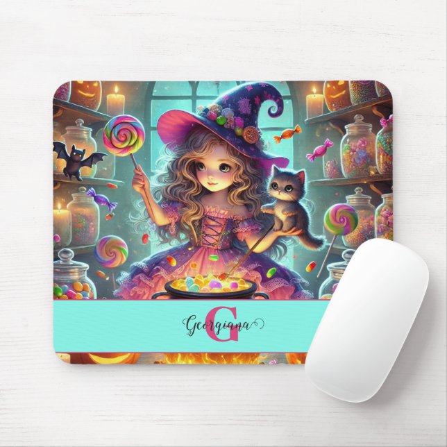 Custom Name Cute Whimsical Witch Halloween Treats Mouse Pad (With Mouse)