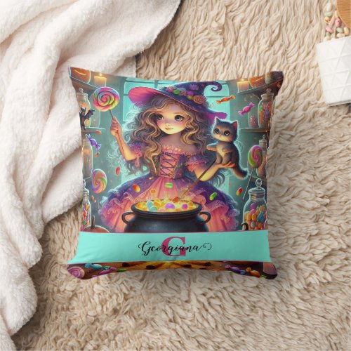Custom Name Cute Whimsical Witch Halloween Treats Throw Pillow