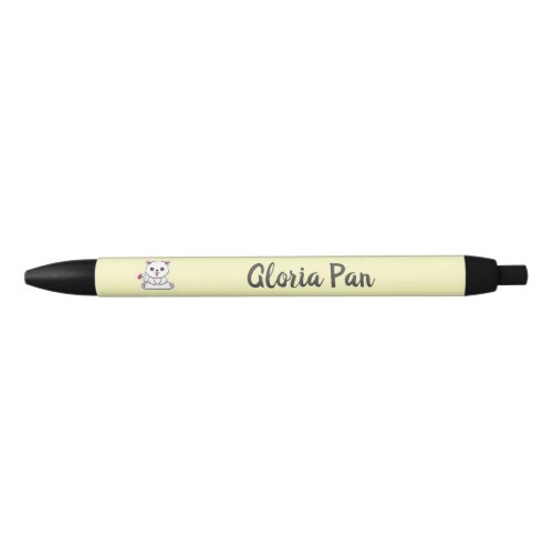 Custom name cute white cat on yellow black ink pen