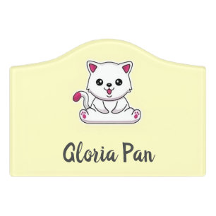 Custom name cute white cat on yellow door sign