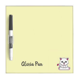 Custom name cute white cat on yellow dry erase board