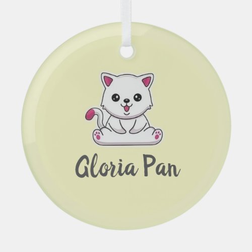 Custom name cute white cat on yellow glass ornament