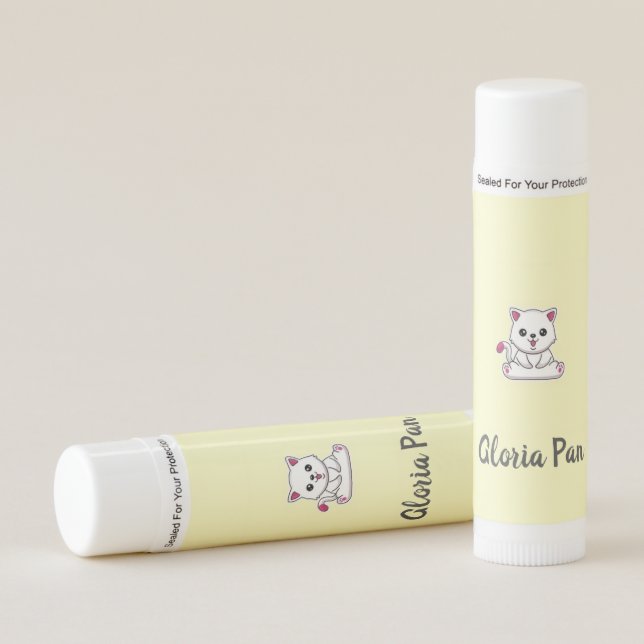 Custom name cute white cat on yellow lip balm (Front)
