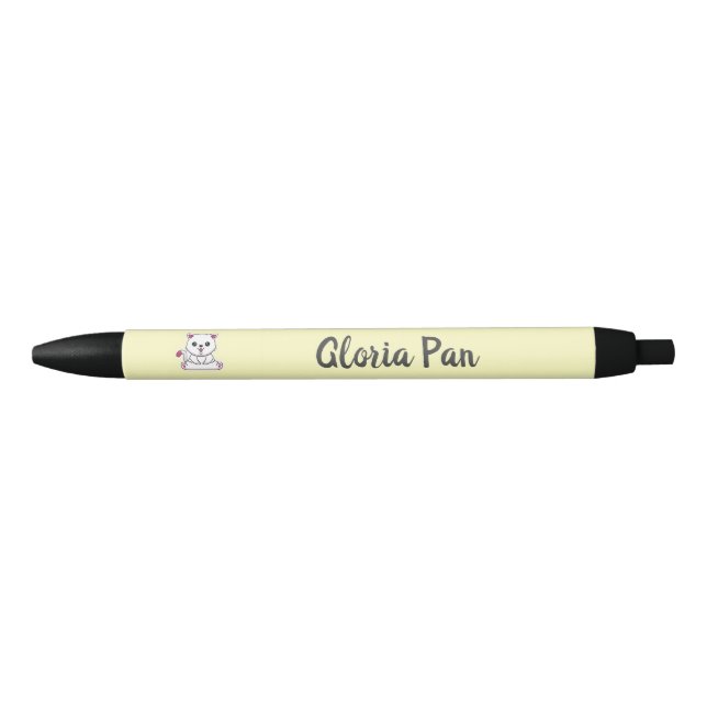 Custom name cute white cat on yellow pen (Front)