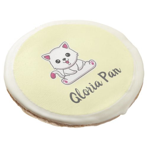 Custom name cute white cat on yellow sugar cookie