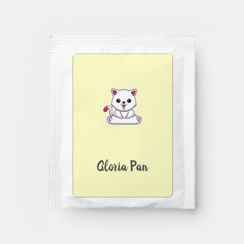 Custom name cute white cat on yellow tea bag drink mix