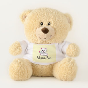 Custom name cute white cat on yellow teddy bear