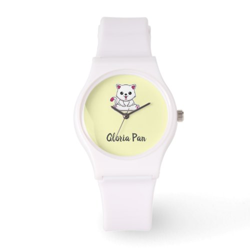 Custom name cute white cat on yellow watch
