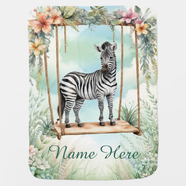 Custom Name Cute Zebra Swing Personalized Baby Blanket (Front)