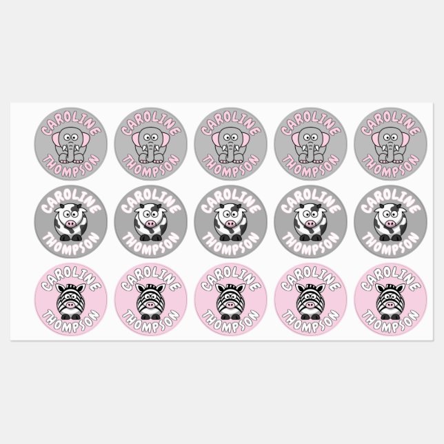 Custom Name Cute Zoo And Farm Animals Kids' Labels (Sheet)