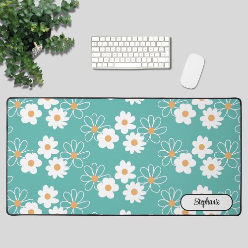 Custom Name Daisy Pattern Turquoise Desk Mat