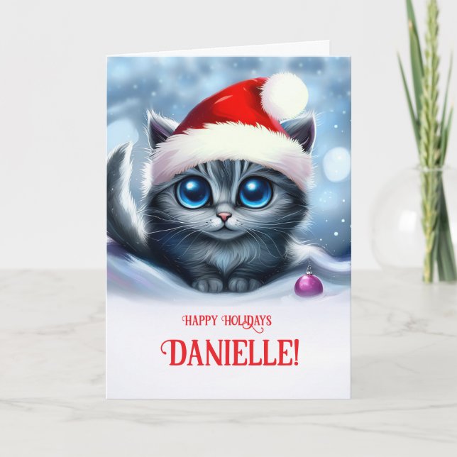 Custom Name Danielle Happy Holidays Christmas Cat Card (Front)