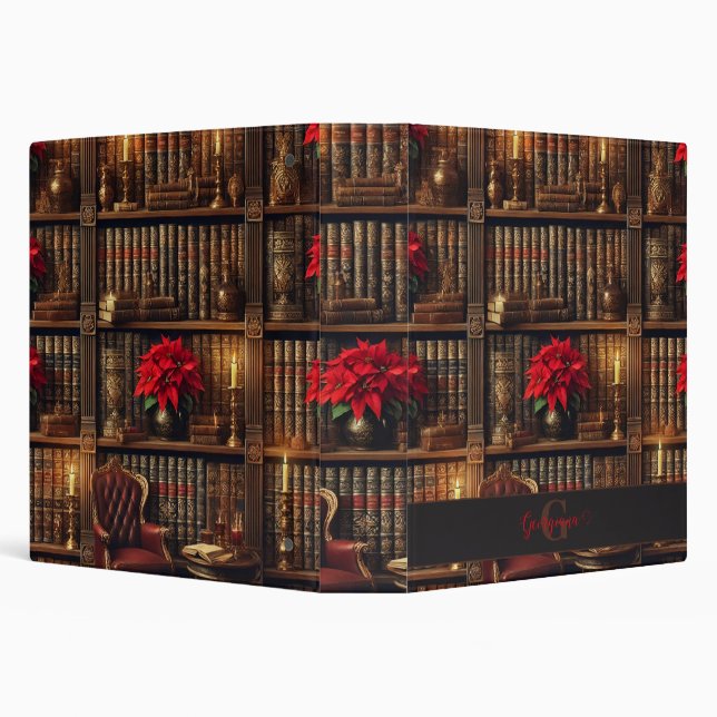 Custom Name Dark Academia Poinsettia Bookshelf 3 Ring Binder (Background)