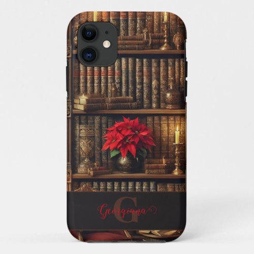 Custom Name Dark Academia Poinsettia Bookshelf iPhone 11 Case