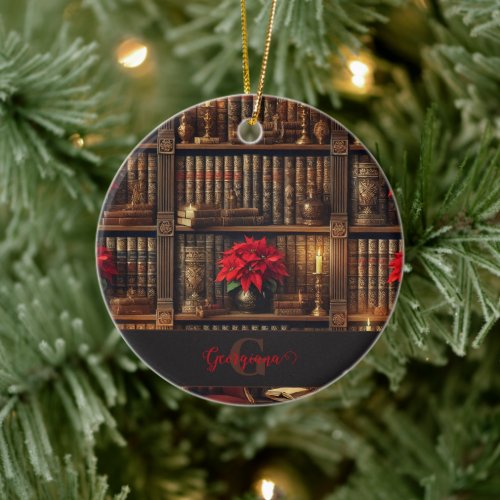 Custom Name Dark Academia Poinsettia Bookshelf Ceramic Ornament